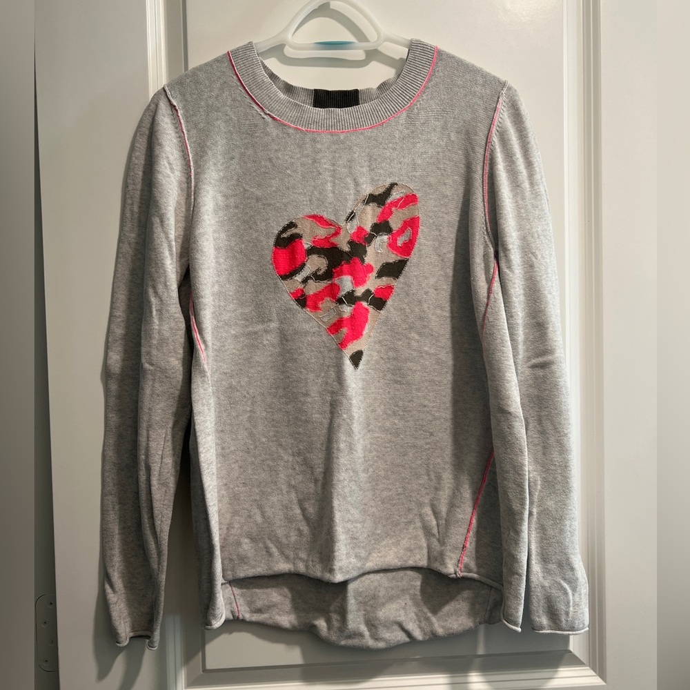 Lisa Todd Swipe Right Neon Patchwork Camo Heart Grey Pullover Sweater